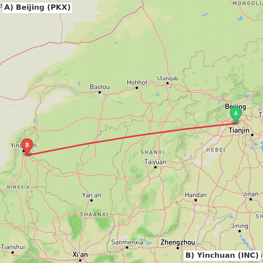 Flight route map from Beijing to Yinchuan