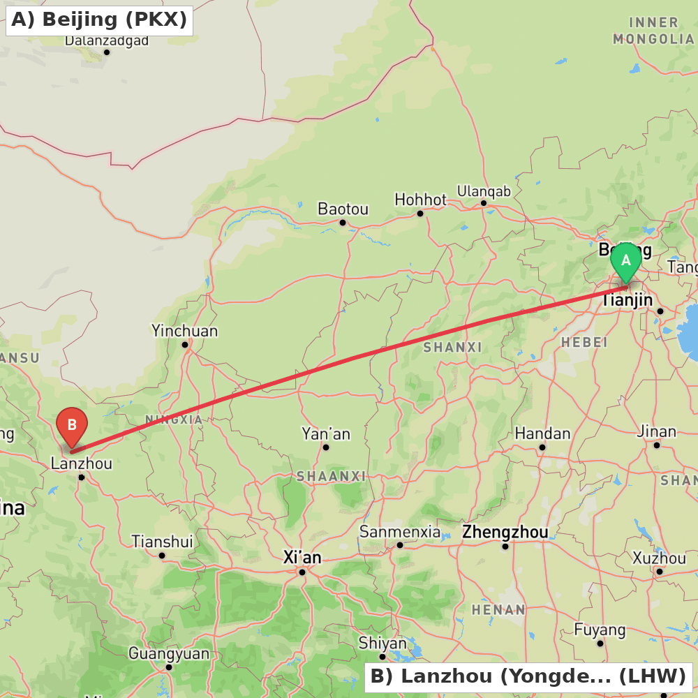 Flight route map from Beijing to Lanzhou (Yongdeng)