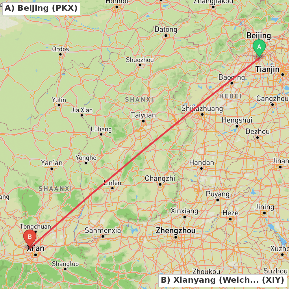 Flight route map from Beijing to Xianyang (Weicheng)
