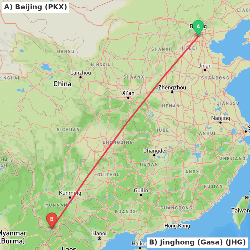 Flight route map from Beijing to Jinghong (Gasa)