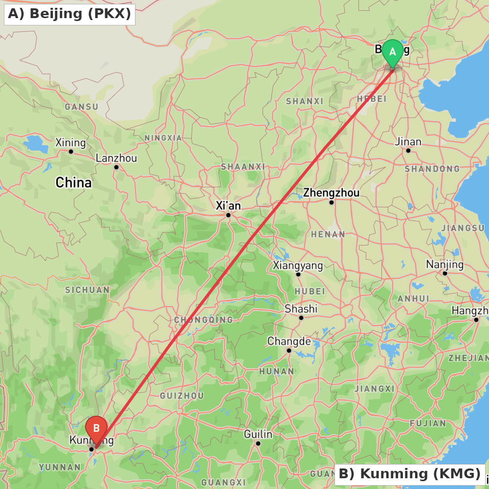 Flight route map from Beijing to Kunming