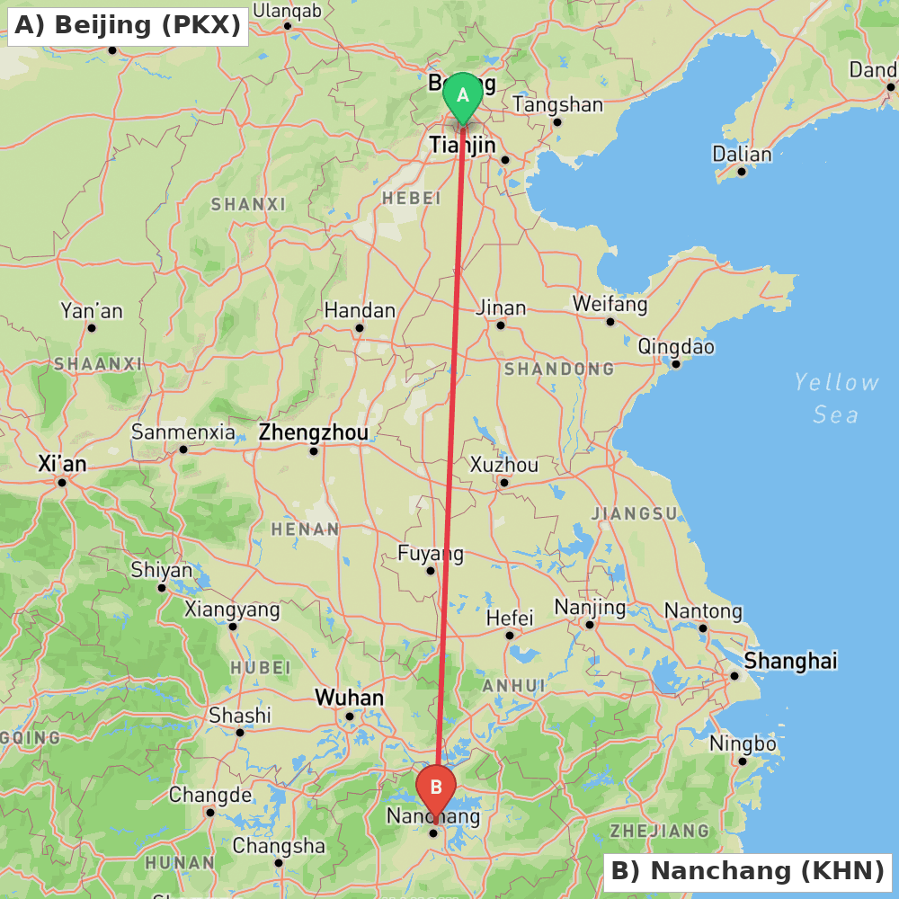 Flight route map from Beijing to Nanchang