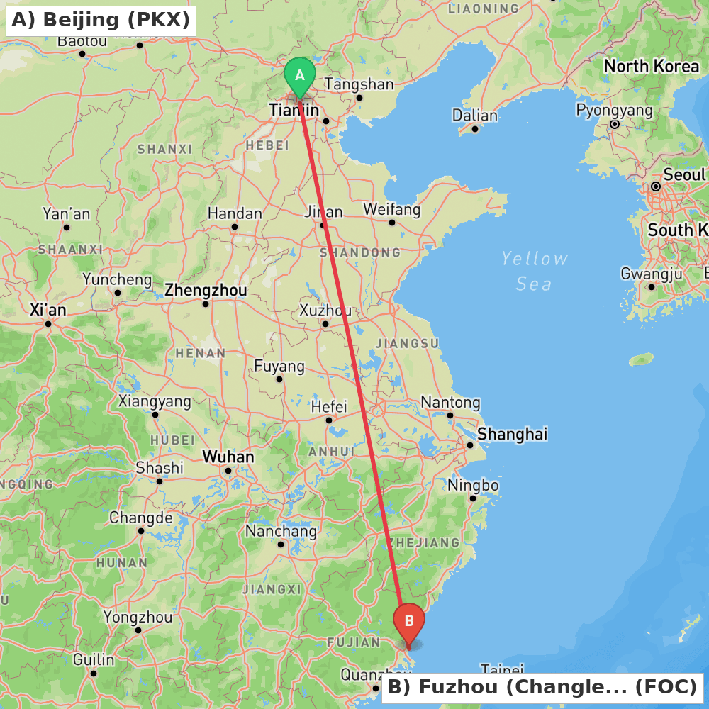 Flight route map from Beijing to Fuzhou (Changle)