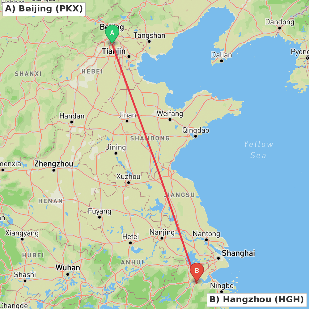 Flight route map from Beijing to Hangzhou