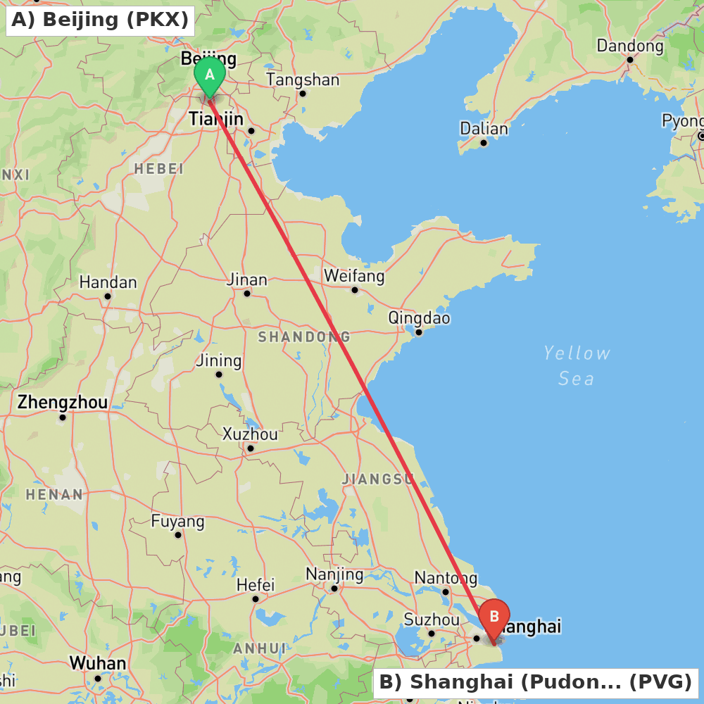 Flight route map from Beijing to Shanghai (Pudong)