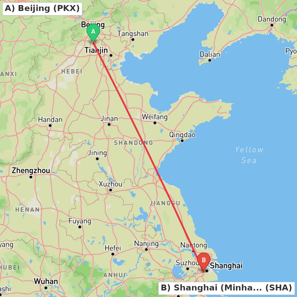 Flight route map from Beijing to Shanghai (Minhang)