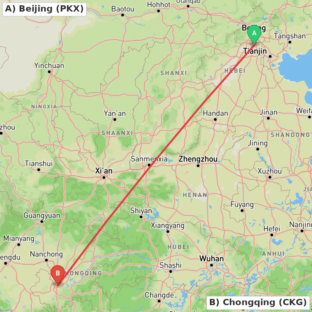 Flight route map from Beijing to Chongqing