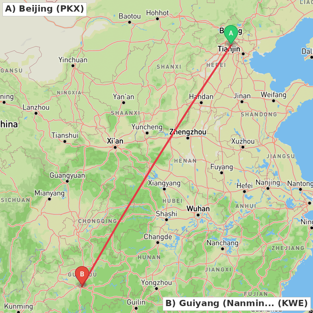 Flight route map from Beijing to Guiyang (Nanming)