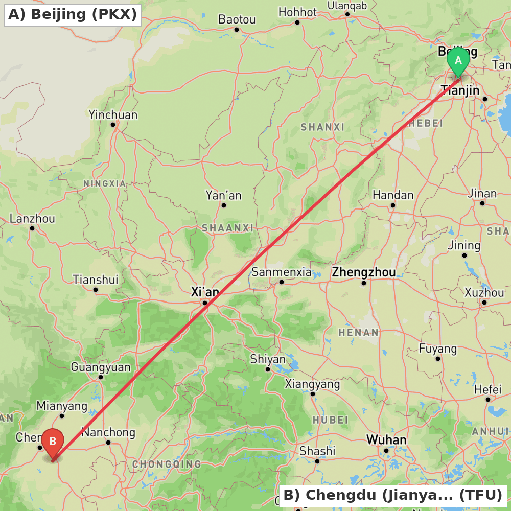 Flight route map from Beijing to Chengdu (Jianyang)