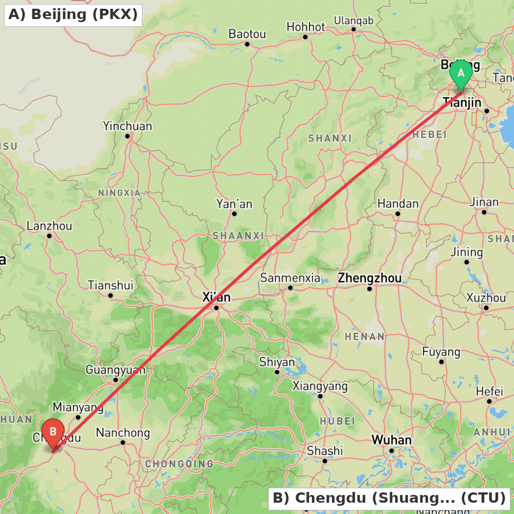 Flight route map from Beijing to Chengdu (Shuangliu)