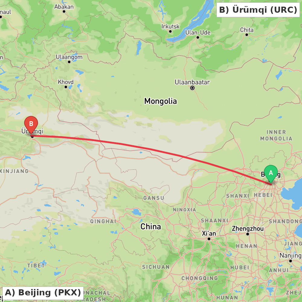 Flight route map from Beijing to Ürümqi