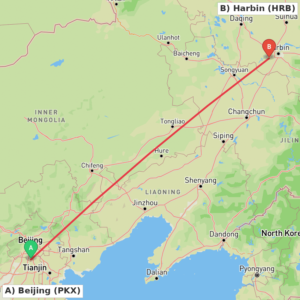 Flight route map from Beijing to Harbin