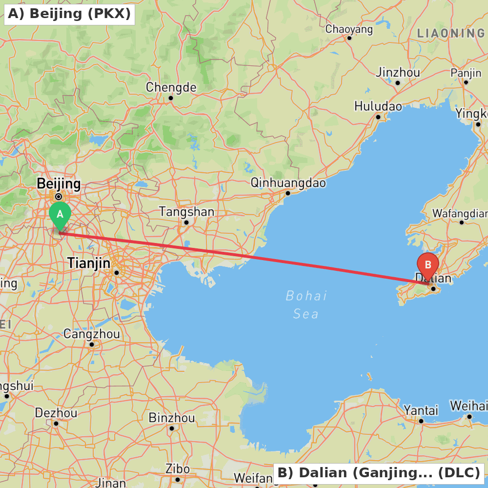 Flight route map from Beijing to Dalian (Ganjingzi)