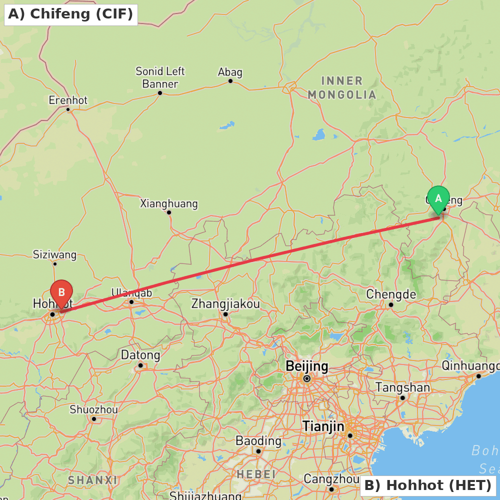 Flight route map from Chifeng to Hohhot