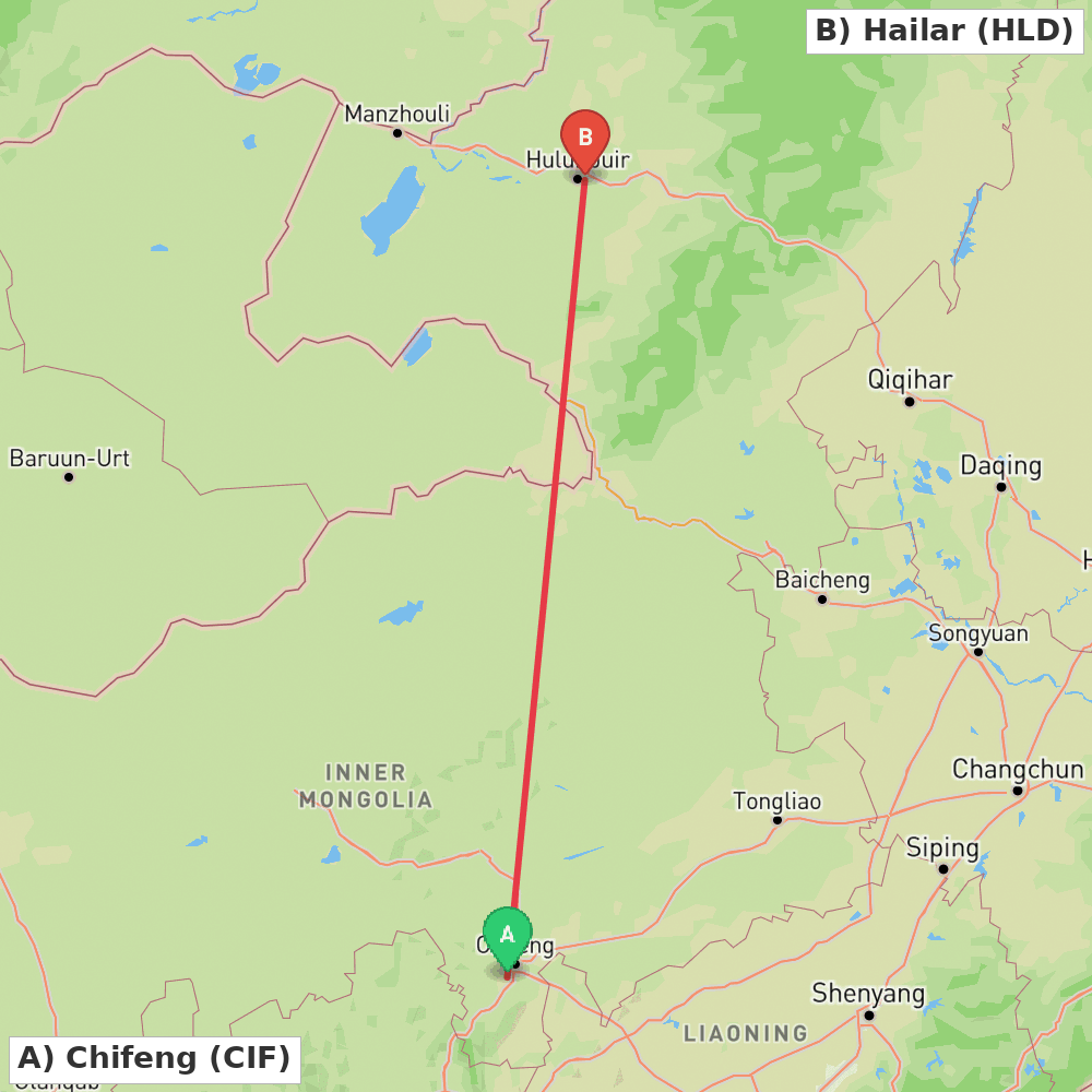 Flight route map from Chifeng to Hailar