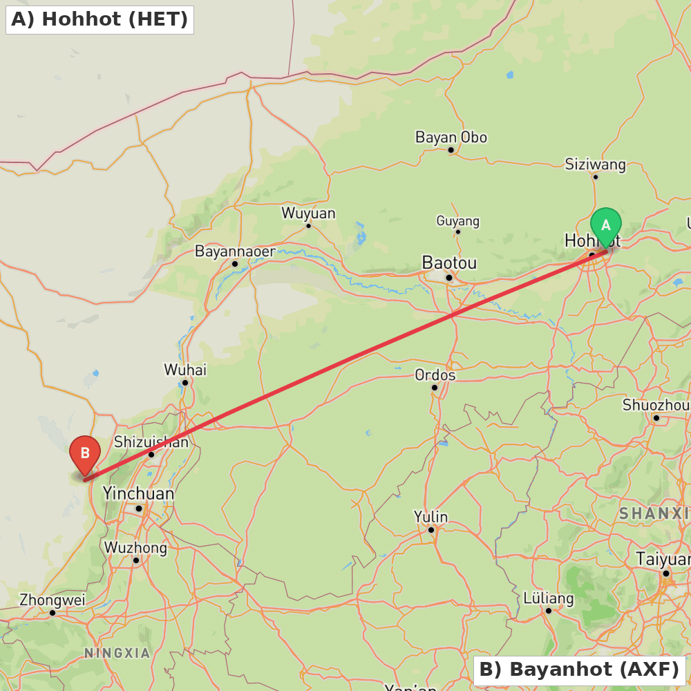 Flight route map from Hohhot to Bayanhot