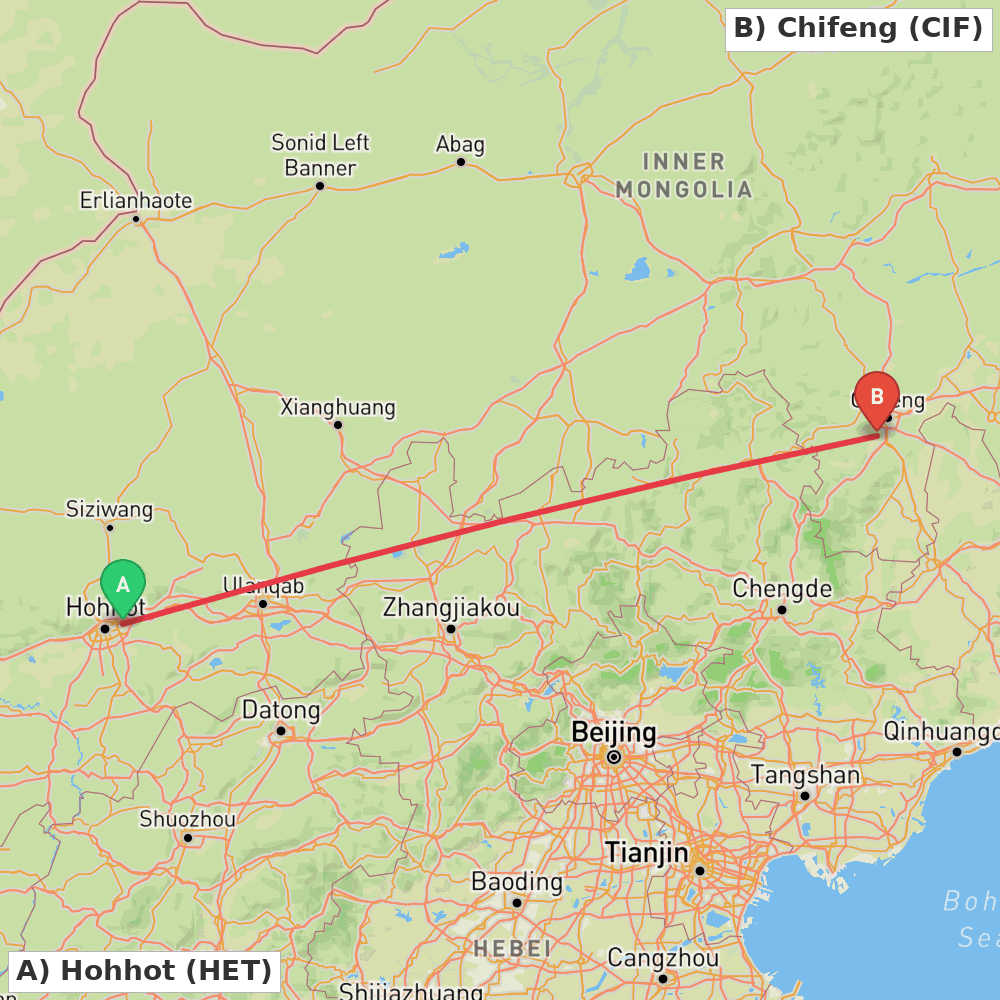 Flight route map from Hohhot to Chifeng