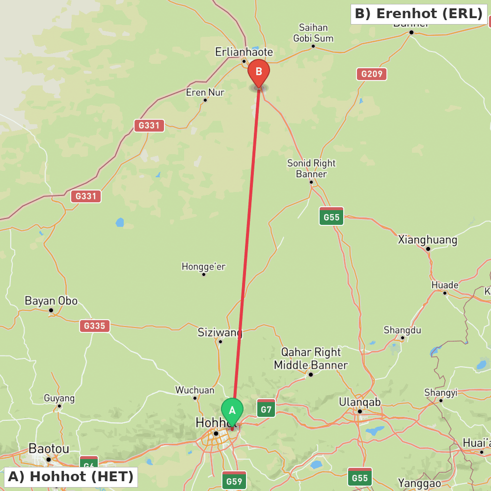 Flight route map from Hohhot to Erenhot