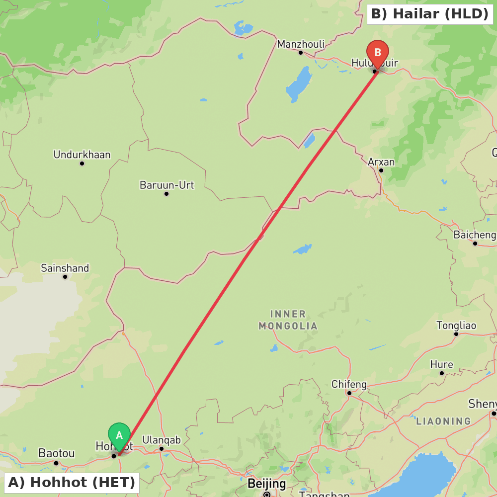 Flight route map from Hohhot to Hailar