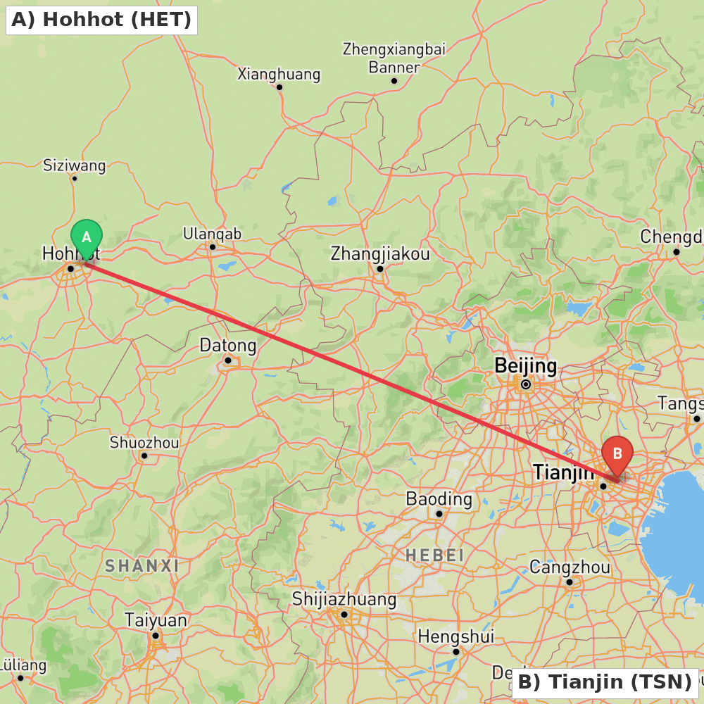Flight route map from Hohhot to Tianjin