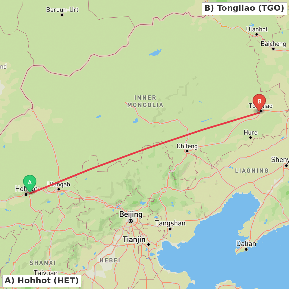 Flight route map from Hohhot to Tongliao