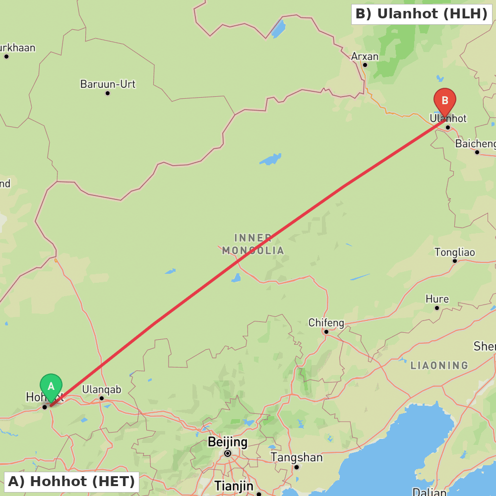 Flight route map from Hohhot to Ulanhot