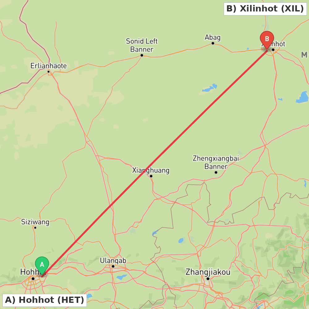 Flight route map from Hohhot to Xilinhot