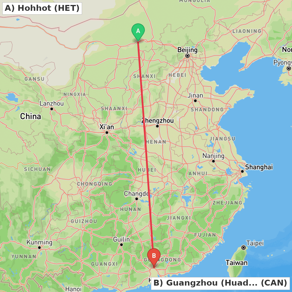 Flight route map from Hohhot to Guangzhou (Huadu)