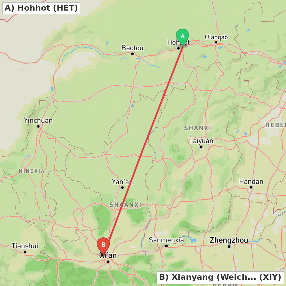 Flight route map from Hohhot to Xianyang (Weicheng)