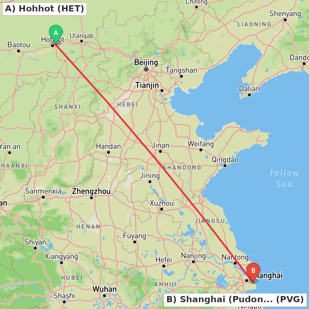 Flight route map from Hohhot to Shanghai (Pudong)