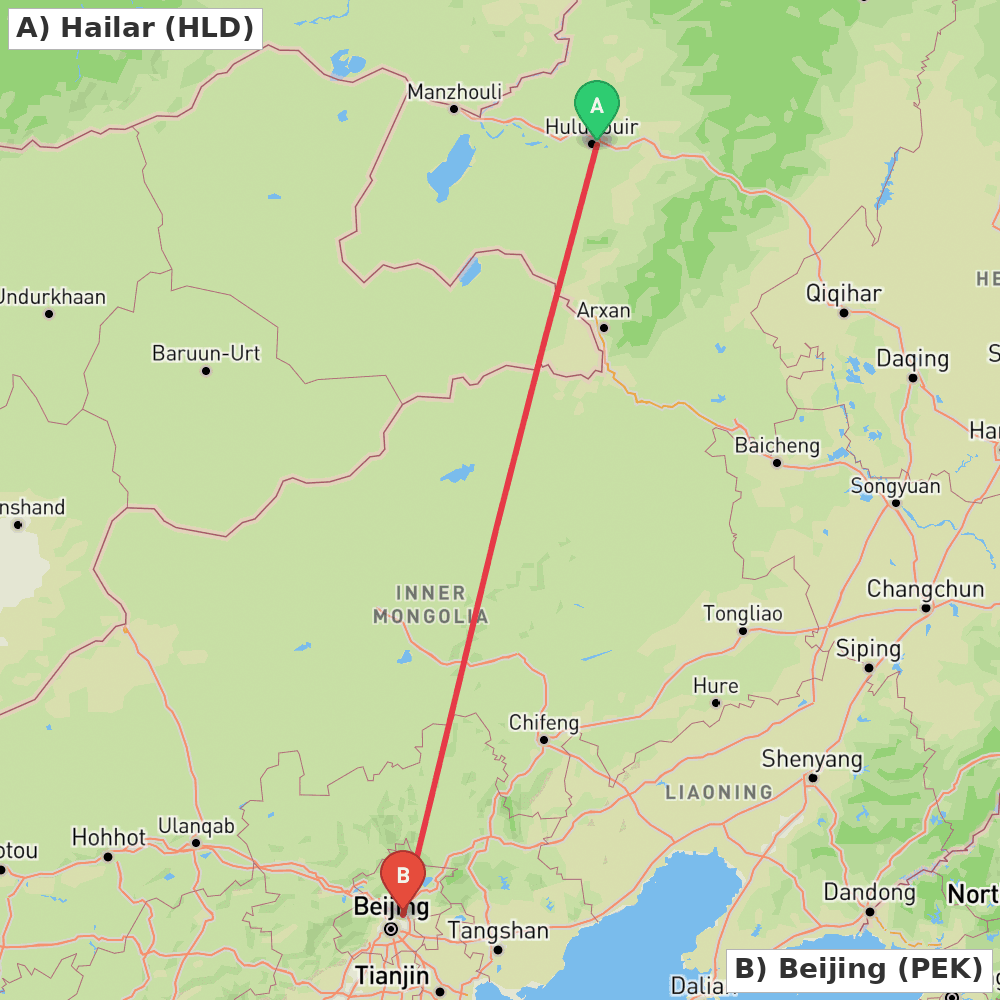 Flight route map from Hailar to Beijing