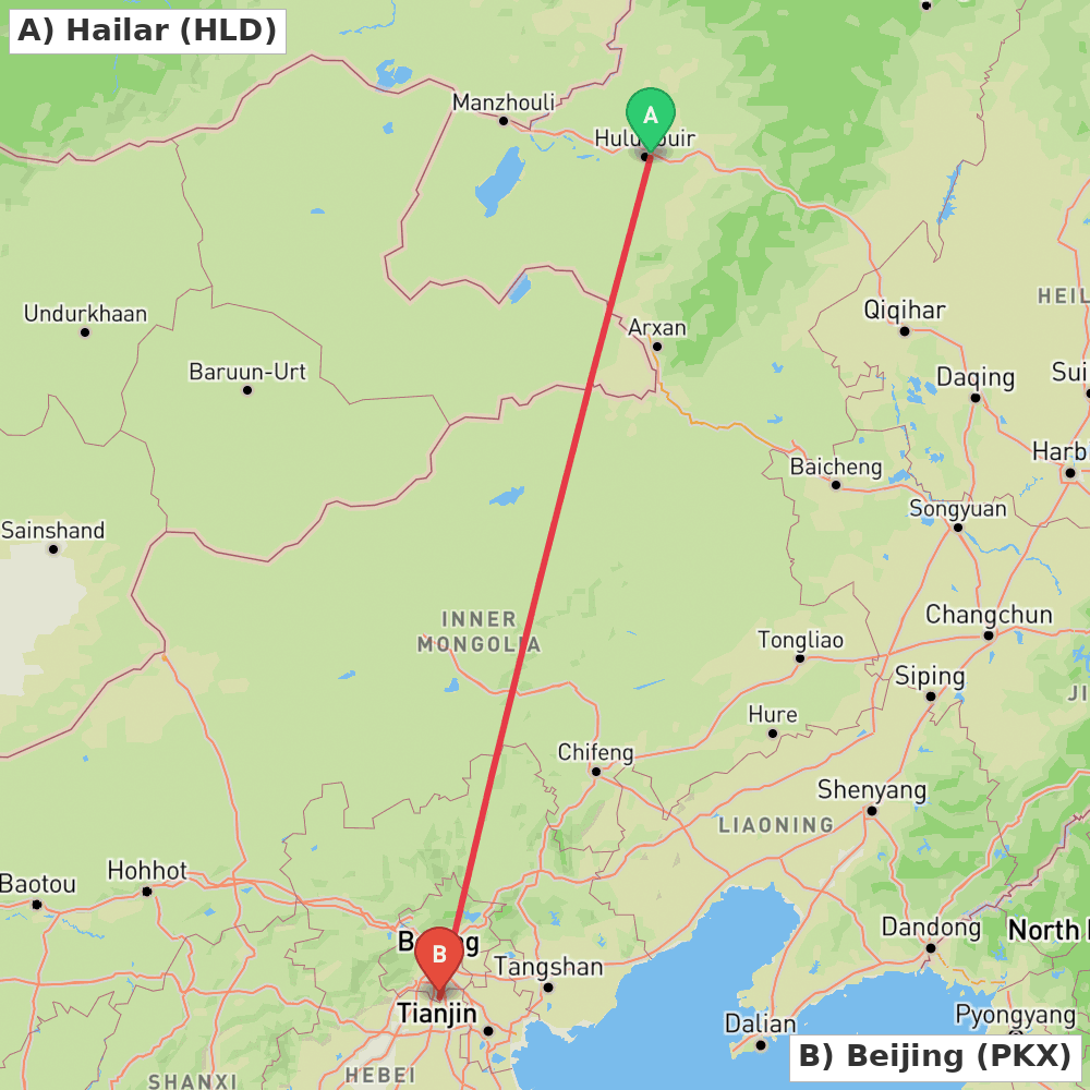 Flight route map from Hailar to Beijing