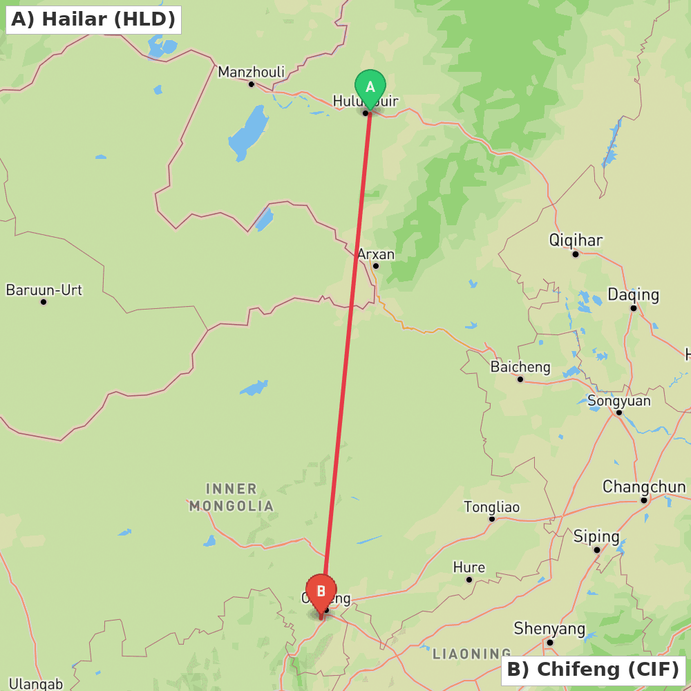 Flight route map from Hailar to Chifeng