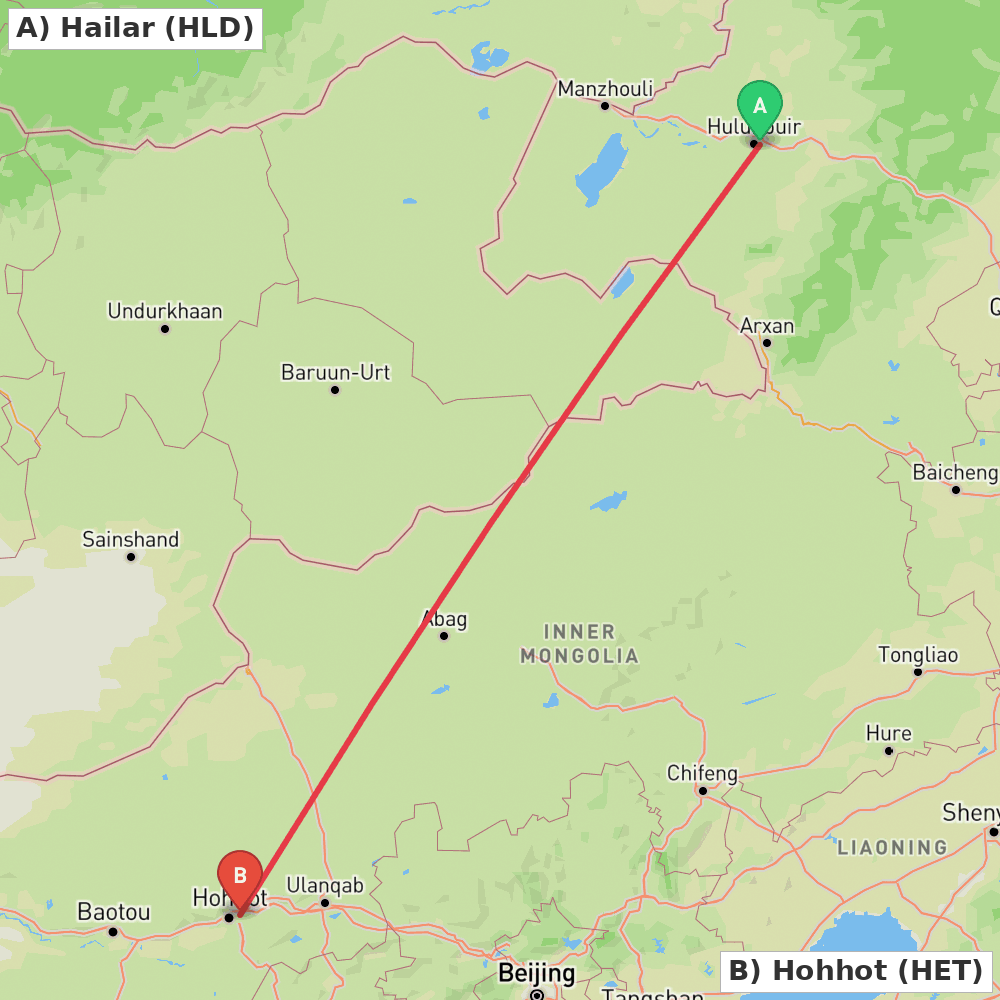 Flight route map from Hailar to Hohhot