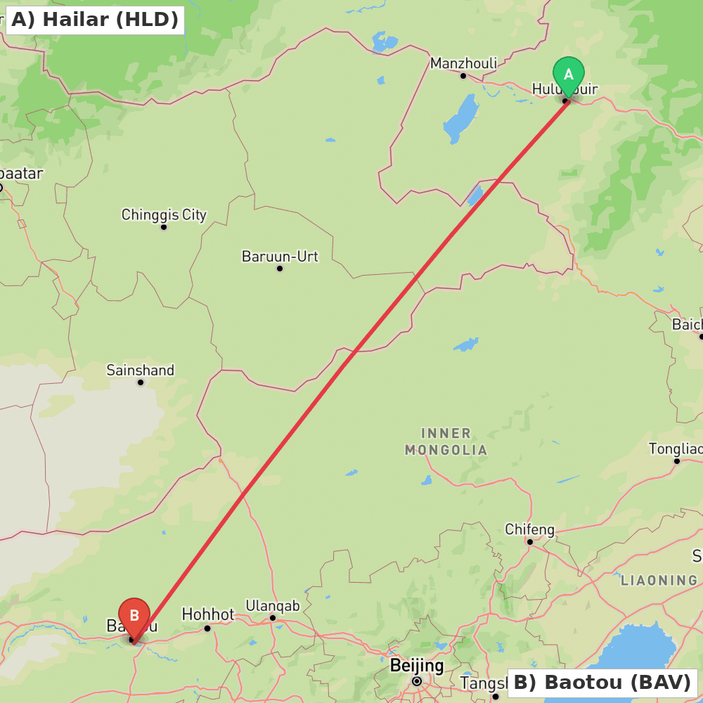 Flight route map from Hailar to Baotou