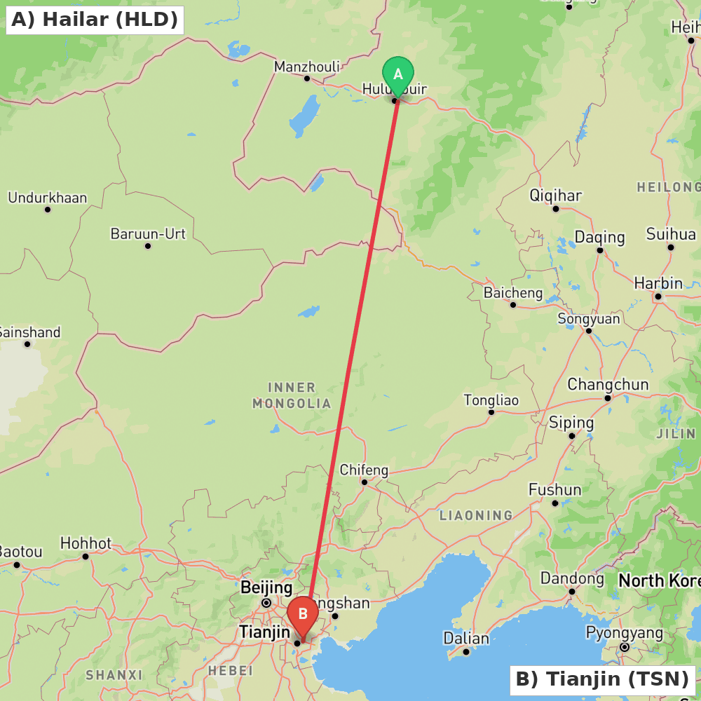 Flight route map from Hailar to Tianjin