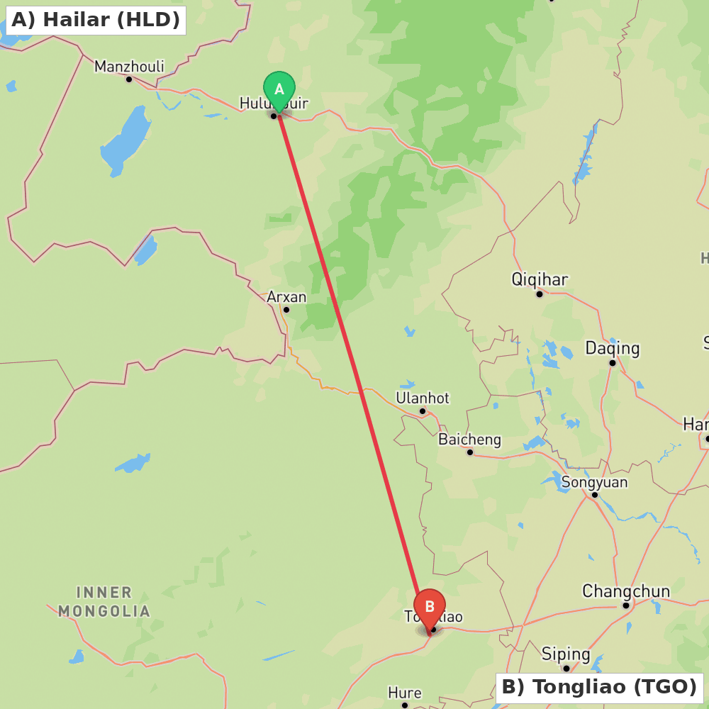 Flight route map from Hailar to Tongliao