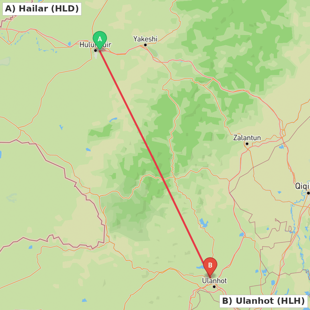Flight route map from Hailar to Ulanhot