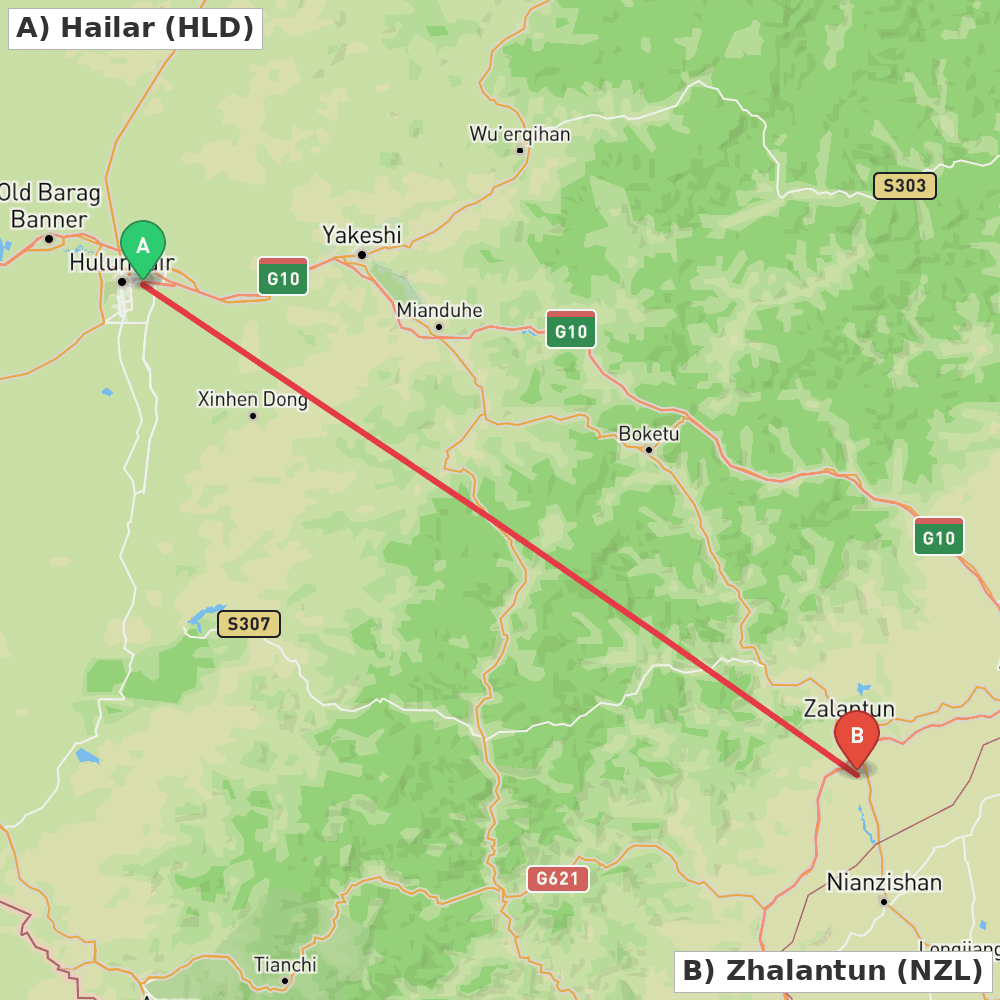 Flight route map from Hailar to Zhalantun