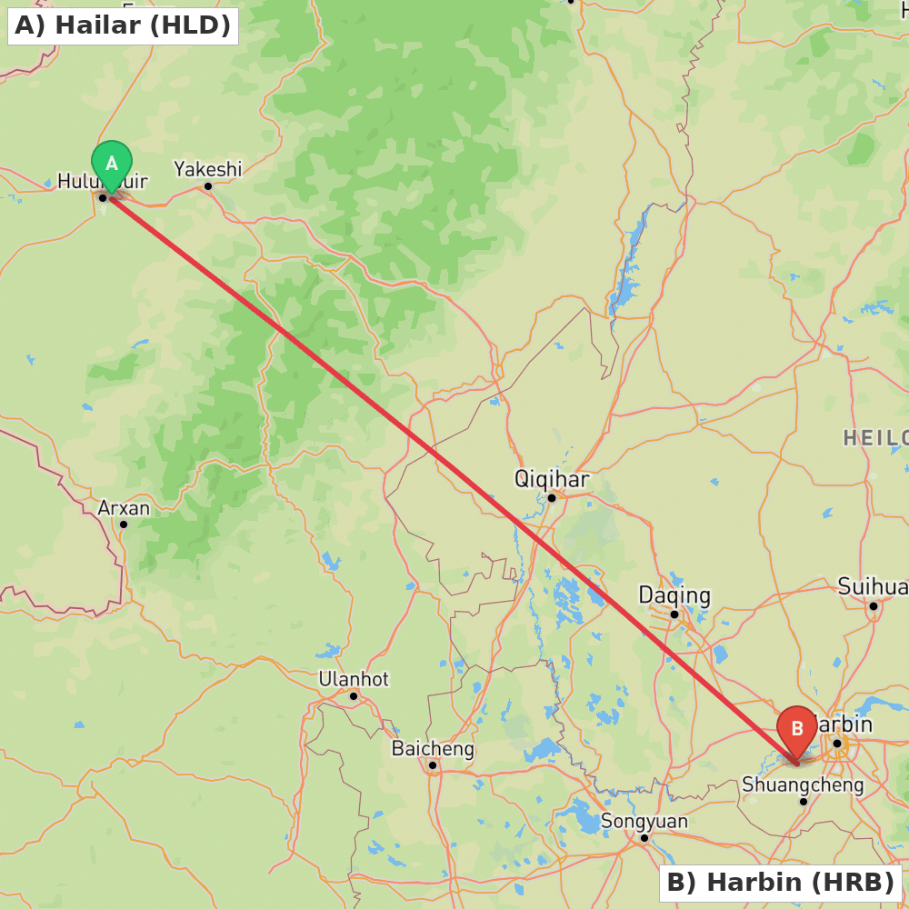 Flight route map from Hailar to Harbin