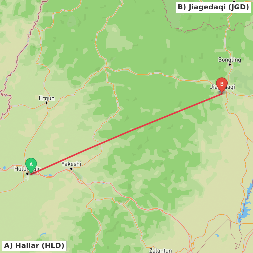 Flight route map from Hailar to Jiagedaqi