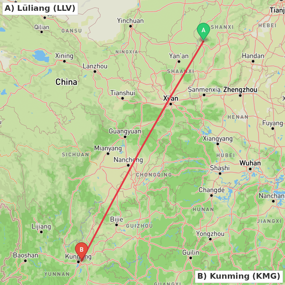 Flight route map from Lüliang to Kunming
