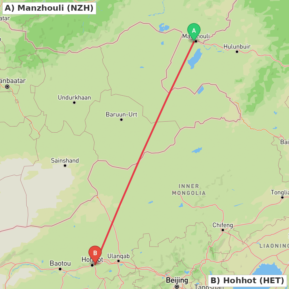 Flight route map from Manzhouli to Hohhot