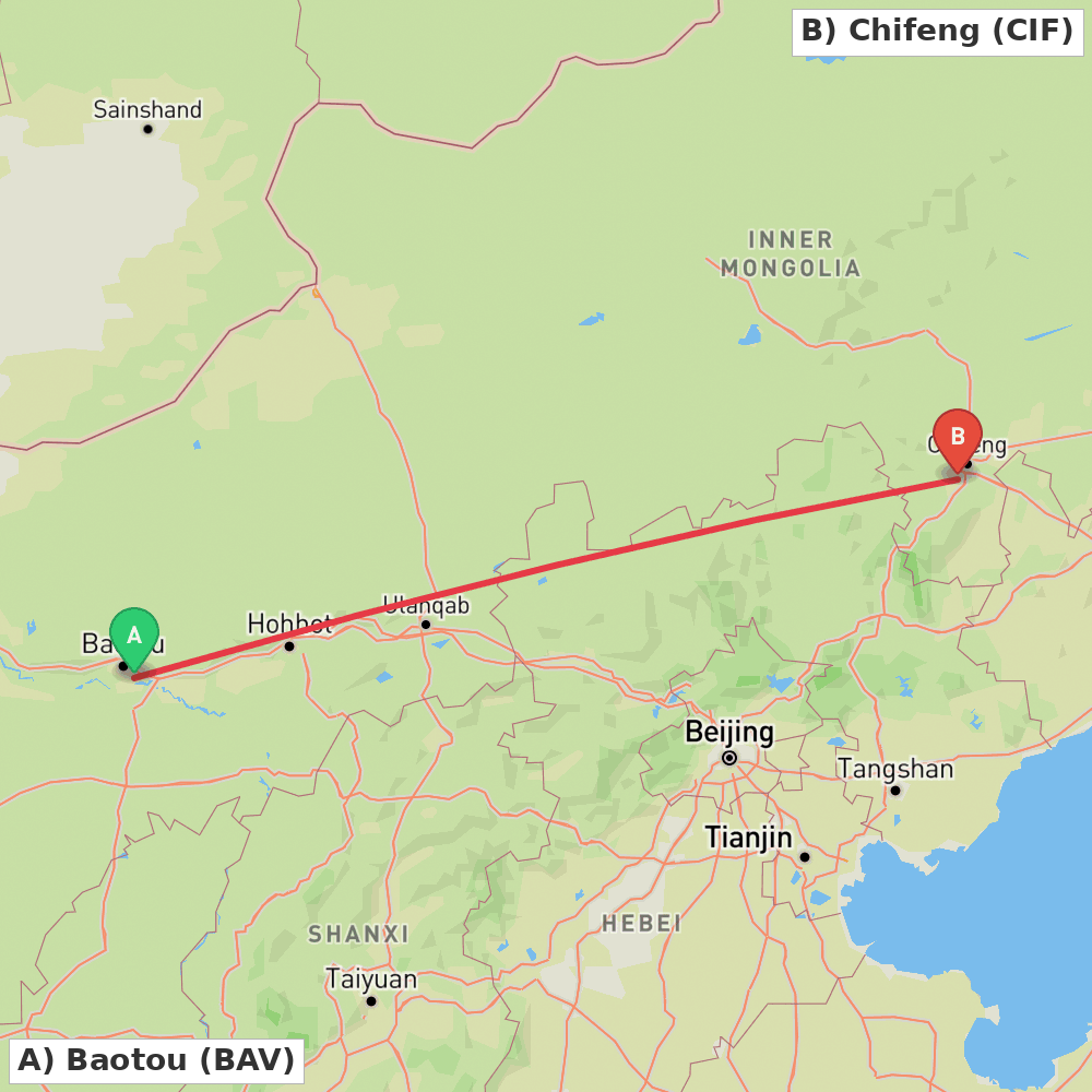 Flight route map from Baotou to Chifeng