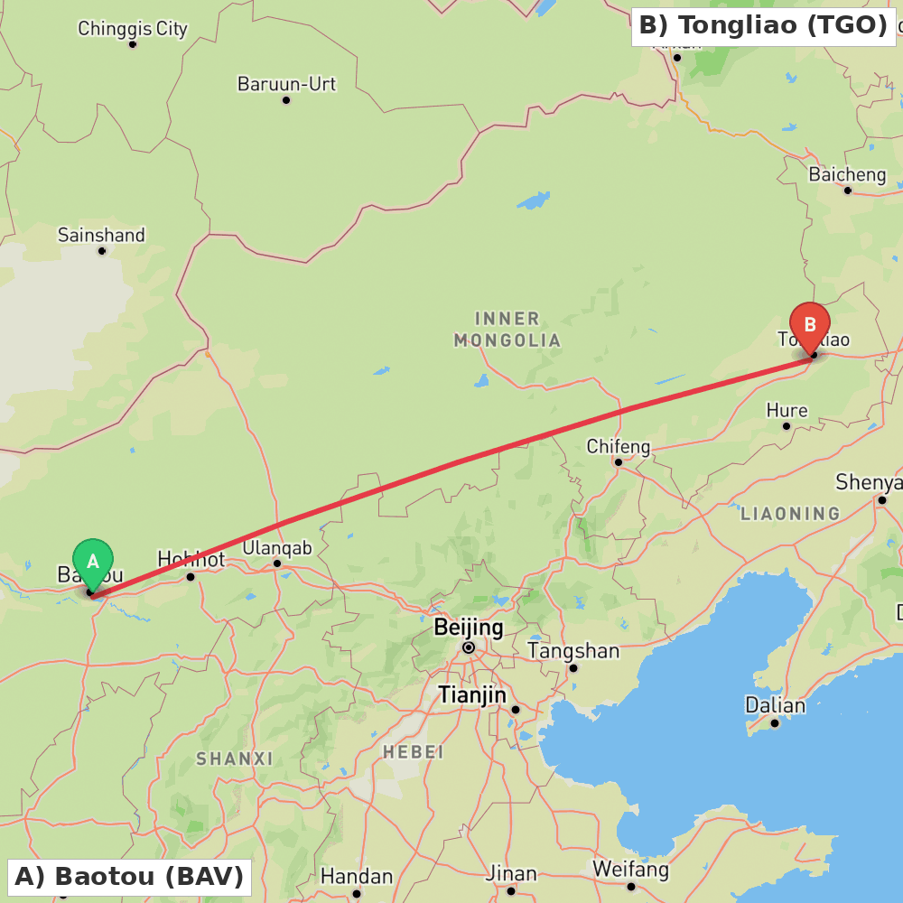 Flight route map from Baotou to Tongliao