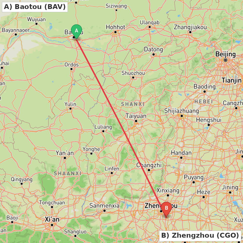 Flight route map from Baotou to Zhengzhou