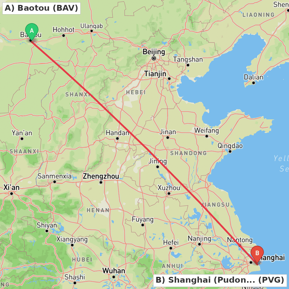 Flight route map from Baotou to Shanghai (Pudong)