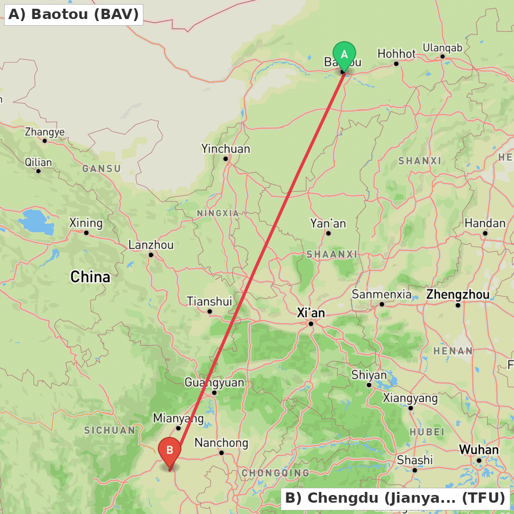 Flight route map from Baotou to Chengdu (Jianyang)