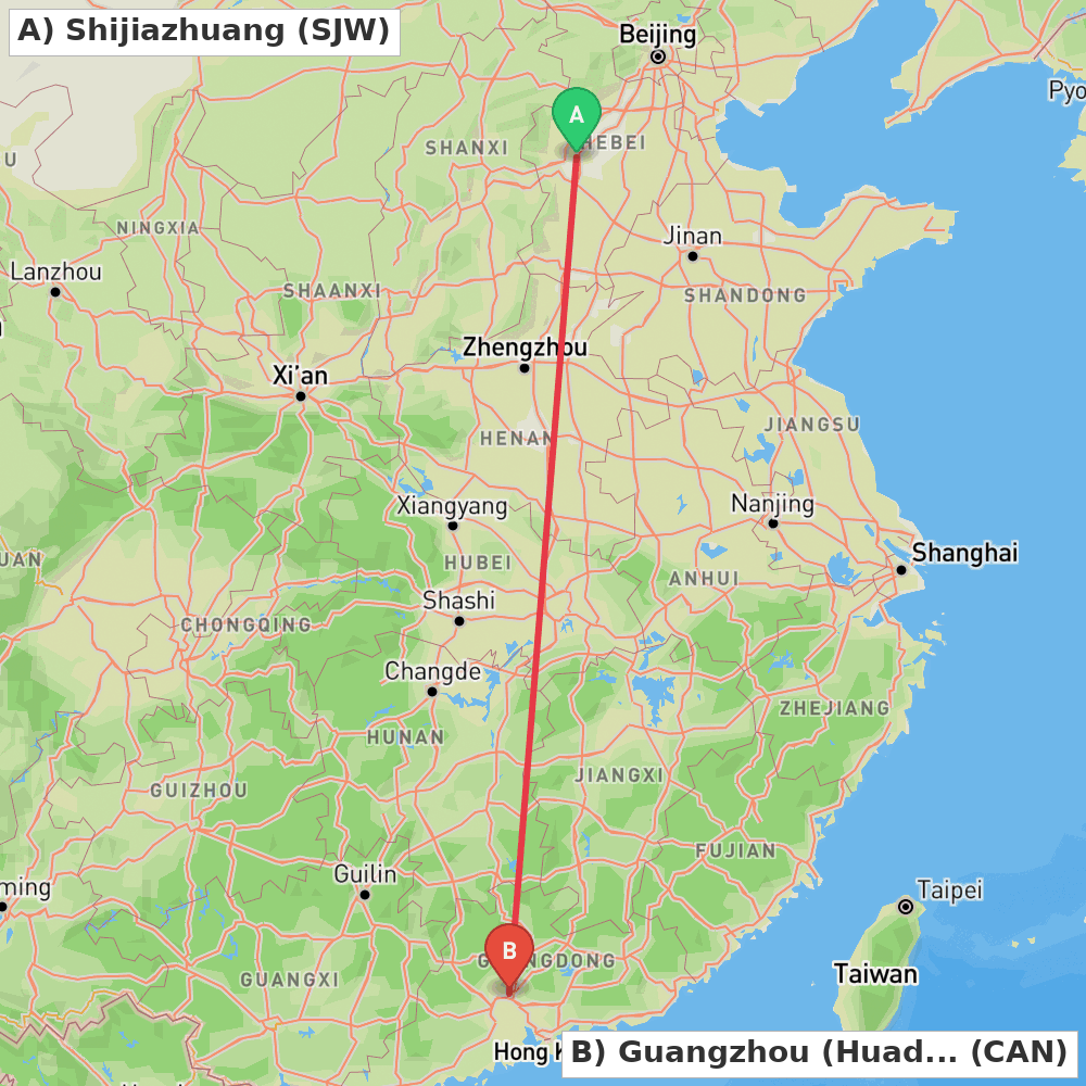 Flight route map from Shijiazhuang to Guangzhou (Huadu)