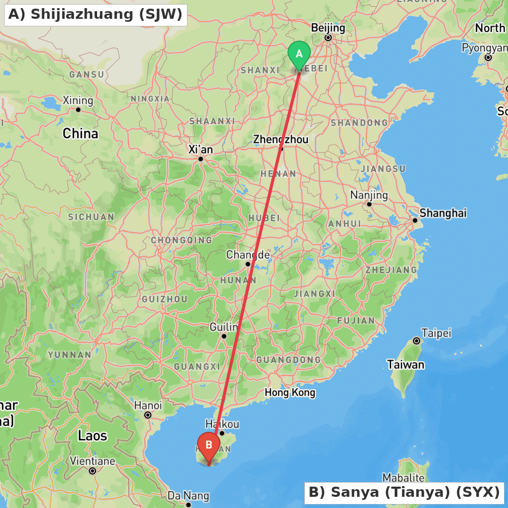 Flight route map from Shijiazhuang to Sanya (Tianya)